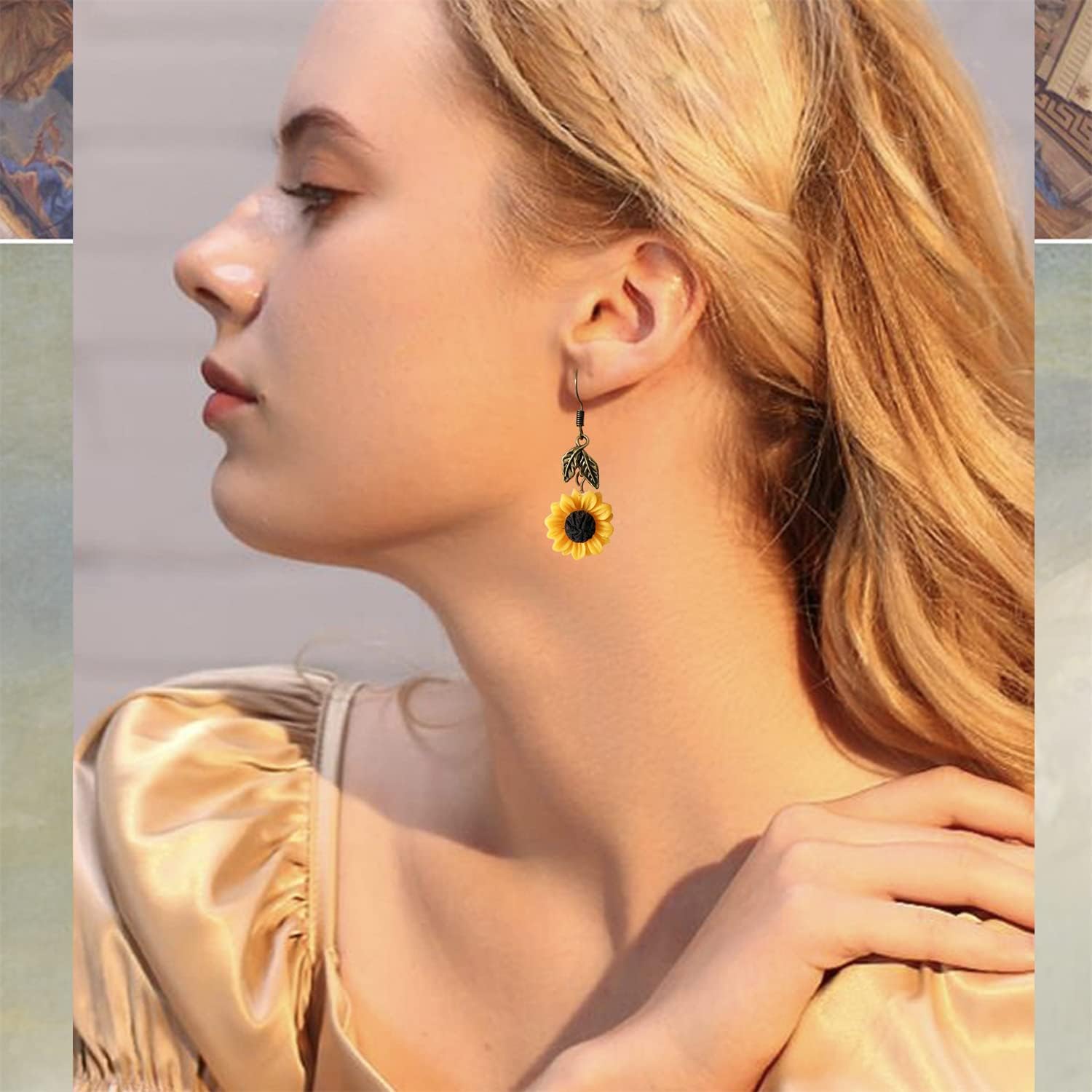 Handmade Resin 3D Sunflower Daisy Flower Dangle Drop Earrings Vintage Silver Leaf Bohemian Little Daisy Flower Hook Earring for Women Cute Elegant Summer Boho Jewelry - Image 5
