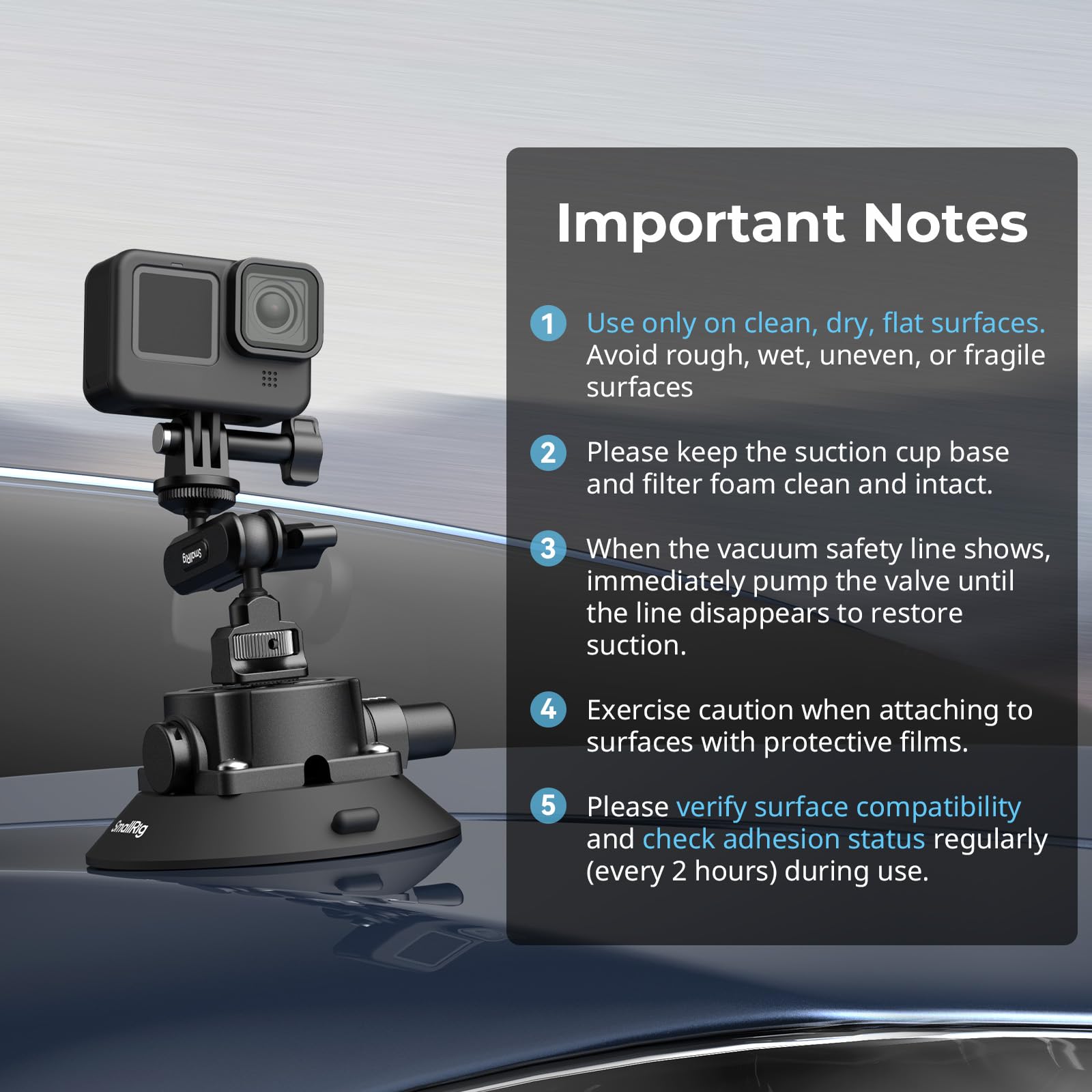 SMALLRIG 4,5" Suction Cup Mount mit Kugelkopf-Zauberarm, Halterung für Action-Kameras für DJI Osmo Action 6/5/4, für Insta360 x5, für Gopro 13, Tragfähigkeit 1.5 kg, an Autoscheibe oder Fenster - 5855