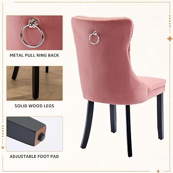 Velvet Dining Chairs Set of 8, Tufted Upholstered High Wingback Chairs with Nailhead Trim & Pull Ring, Black Solid Wood Legs for Dining Room, Sillas de Comedor, Pink