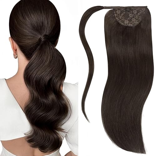 Lacer Extensión de cola de caballo envolvente para mujeres negras, cabello humano de 16 pulgadas, extensión de cola de caballo recta sedosa de una