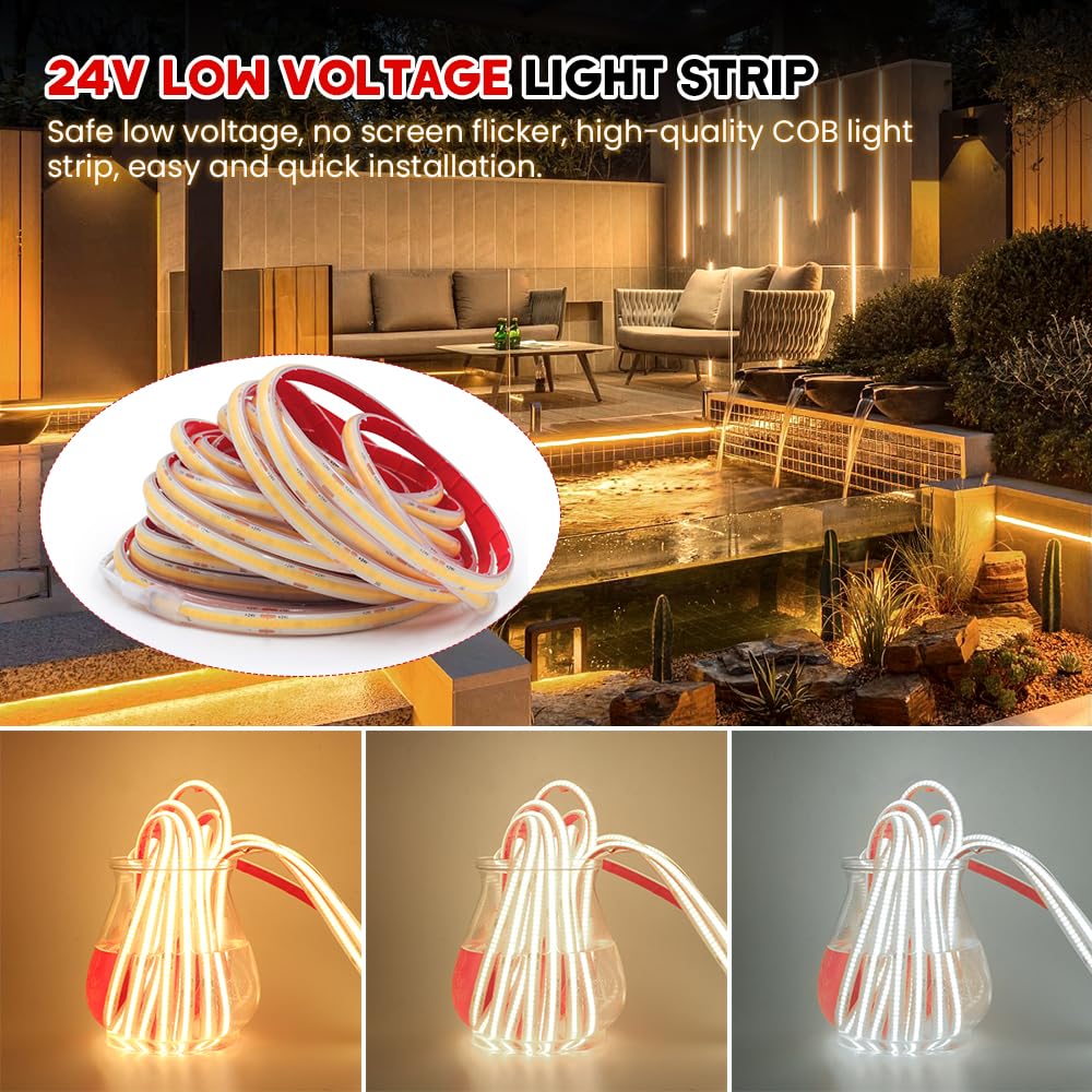 24V Dimmbar COB LED Streifen,10M 320LEDs/m Superhell Flexibler WIFI LED Lichtband CRI≥85 Warmweiß COB LED Band, Wasserdichte IP68 LED Lichterketten mit Netzteil für Aquarium, Schrankbeleuchtung