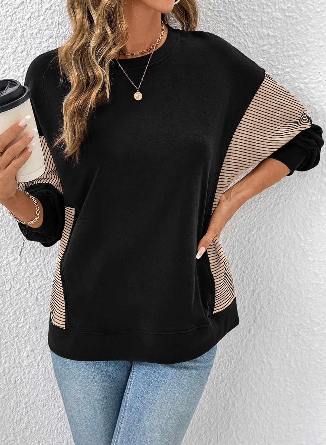 Dokotoo Oversized Crewneck Sweatshirt for Women Long Sleeve Soft Knit Tops Striped Contrast Tunic Shirts Fall Winter Clothes - Image 3