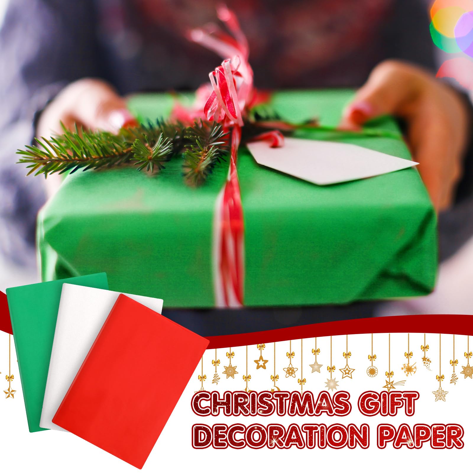 Tatuo Lot de 600 feuilles de papier de soie de Noël en vrac, 50,8 x 35,6 cm, blanc, rouge, vert pour les vacances, les anniversaires, les travaux manuels, les cadeaux, les sacs, les fournitures de