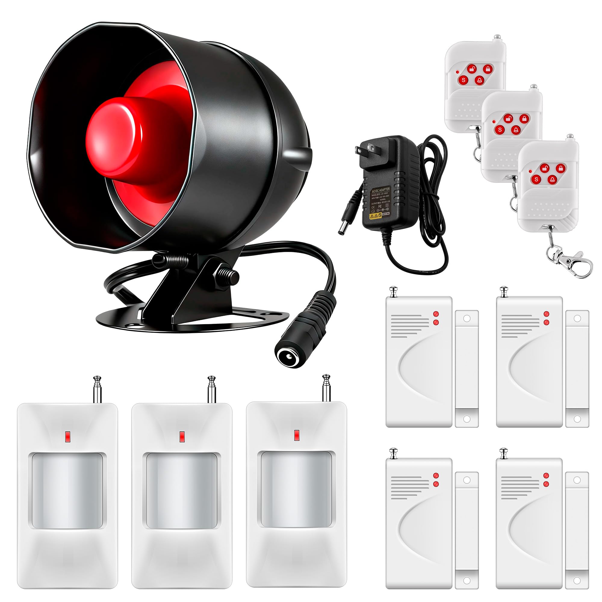 Alarmanlage Haus Set mit 115dB Sirene – Funk Einbruchschutz & Hausalarmanlagen für Lager, Garage & Wohnmobil – Kabellos Türalarm, Fensteralarm, Bewegungsmelder & Fernbedienung, Ohne Bohren