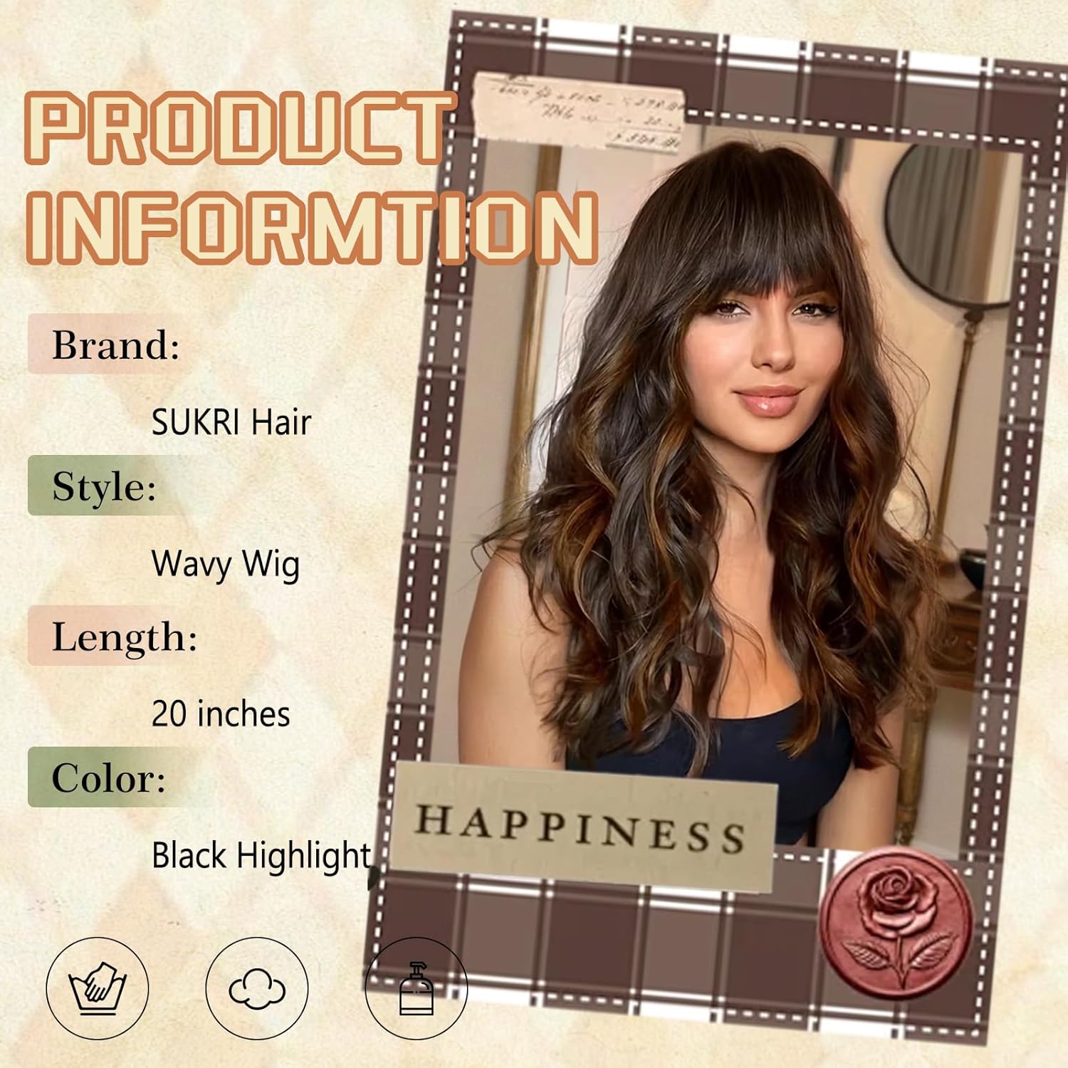 SUKRI Long Wavy Wig with Bangs for Women Brown Highlight Curly Wigs Natural Wavy Synthetic Wigs for Daily Party Cosplay 20 Inch (Brown Highlight)