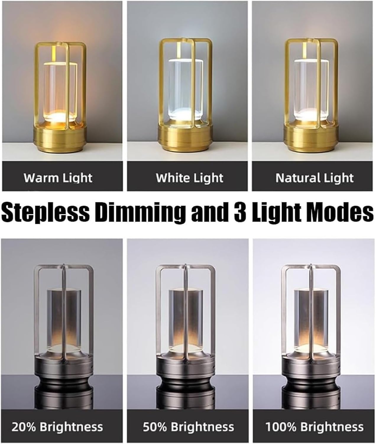 Crystal Lantern Lamp, Cordless Rechargeable Table Light with 4000mAh, 3-Color Dimming, Touch Control, Portable for Indoor/Outdoor, Living Room Bedroom Camping, Black(Silver)
