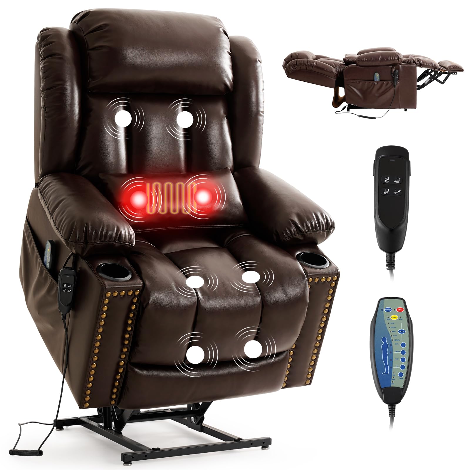 DUANDUAN 2 Motoren Elektrischer Relaxsessel, 180° Liegefunktion Massagesessel Fernsehsessel mit Aufstehhilfe, stufenlos verstellbar Sessel mit Verlängerte Fußstütze, Massage Heizung, USB/Typ-C