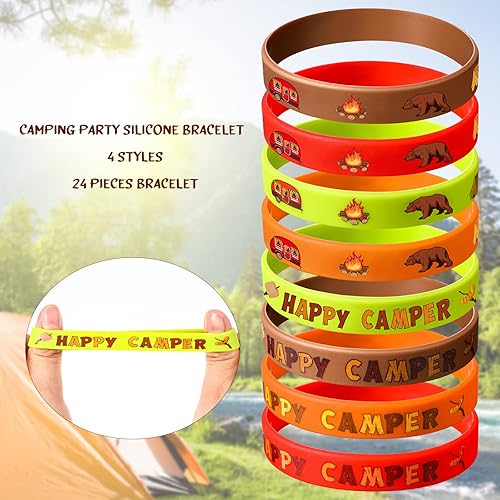 Miniatura 2 de Chivao 24 pulseras de silicona para fiestas de campamento, pulseras de goma temáticas de campamento, pulseras de goma Happy Camper para aventuras,
