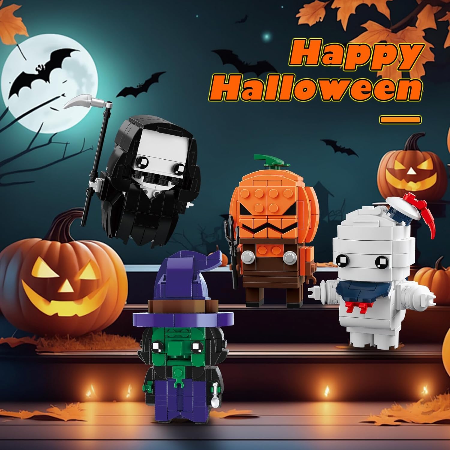 Halloween Pumpkin Ghost Witch Devil Building Blocks Kit for Kids, Halloween Bricks Figures Set Home Horror Decor, Ideal Basket Stuffers Goodie Bags Toys Gifts Boys Girls 6 up