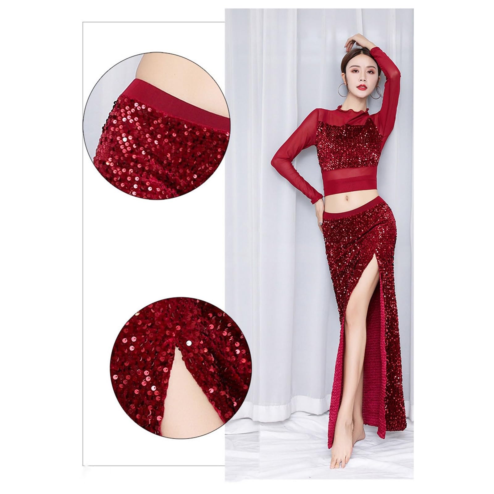 Halloween Elastyczna Lśniąca Elegancka Bluzka Z Cekinami Spódnica Maxi Z Rozcięciem Po Bokach I Odkrytymi Nogawkami Strój Do Tańca Brzucha Na Halloween Komplet Spódnic Do Ćwiczeń