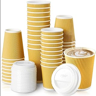 [50 Pack] Disposable Hot Cups with Lids - 12 oz Brown Double Wall Insulated Ripple Sleeves Coffee Cups with White Dome Lid - Kraft Paper Cup for To Go Chocolate, Tea, and Cocoa Drinks