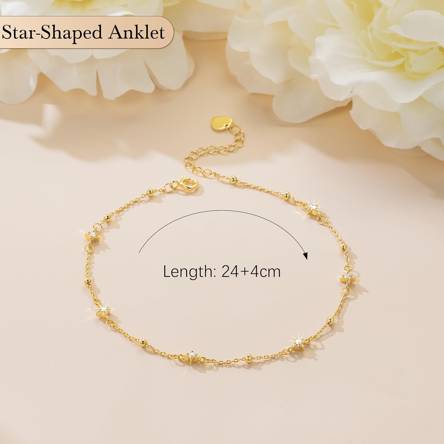 Naiswan 14K Gold Ankle Bracelets for Women Gold Anklets for Women Cubic Zirconia Star-Shaped Charms Ankle Bracelet for Womens 24+4cm