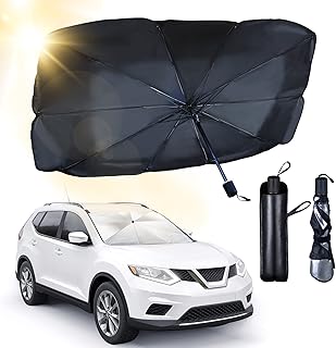 Bamlory Car Sun Shade Front Windscreen, Sun Protection Car with Adjustable Pole, Car Parasol, UV Protection Parasol for Windscreen, Foldable Design, Easy Storage