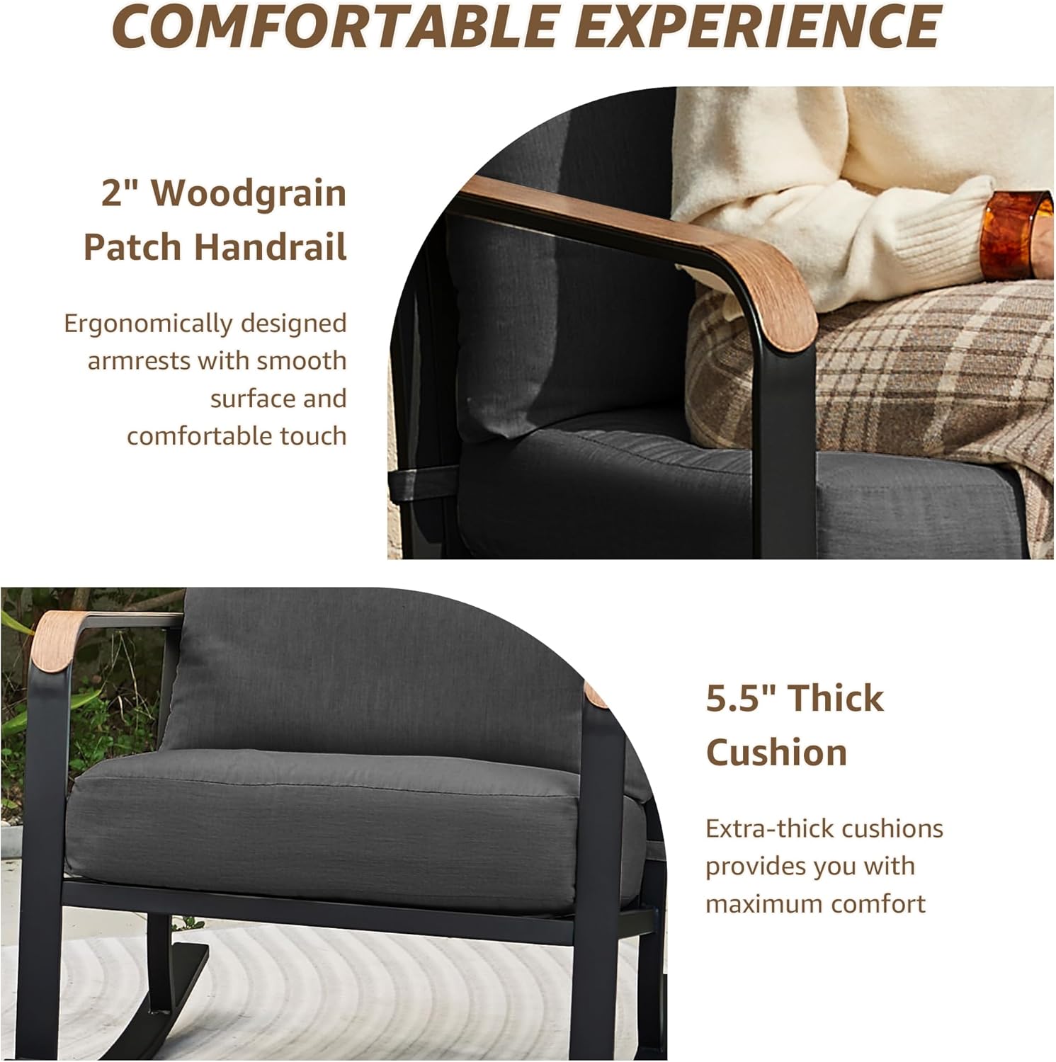 NATURAL EXPRESSIONS 3 Piece Patio Bistro Rocking Set, Outdoor Rocking Chairs with 350 lb Capacity, Thick 5.5" Olefin Cushions and Metal Coffee Table for Balcony, Porch, Backyard