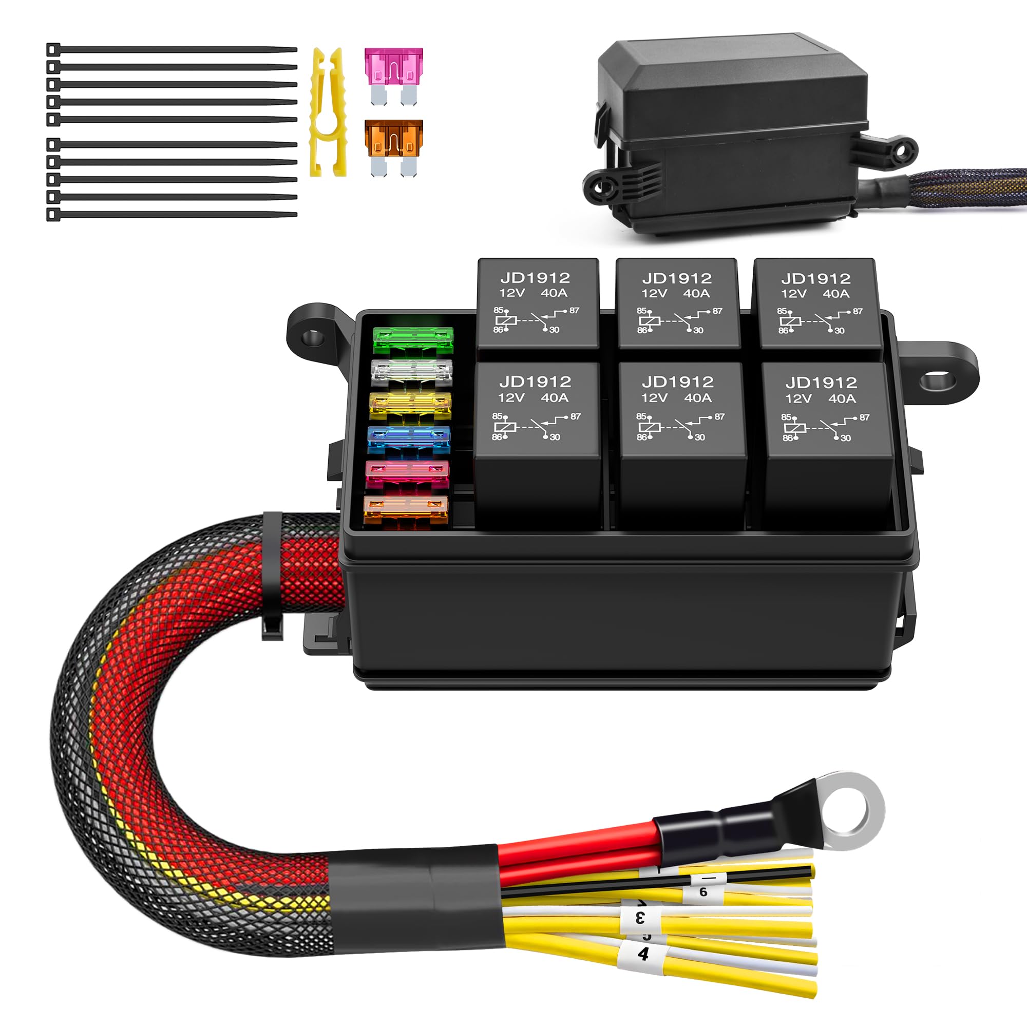 MICTUNING Scatola relè da 12 V e fusibile con 6 relè e 8 fusibili ATC/ATO, fusibile precablato e cassetta relè, blocco fusibili per auto, camion, marine, barche