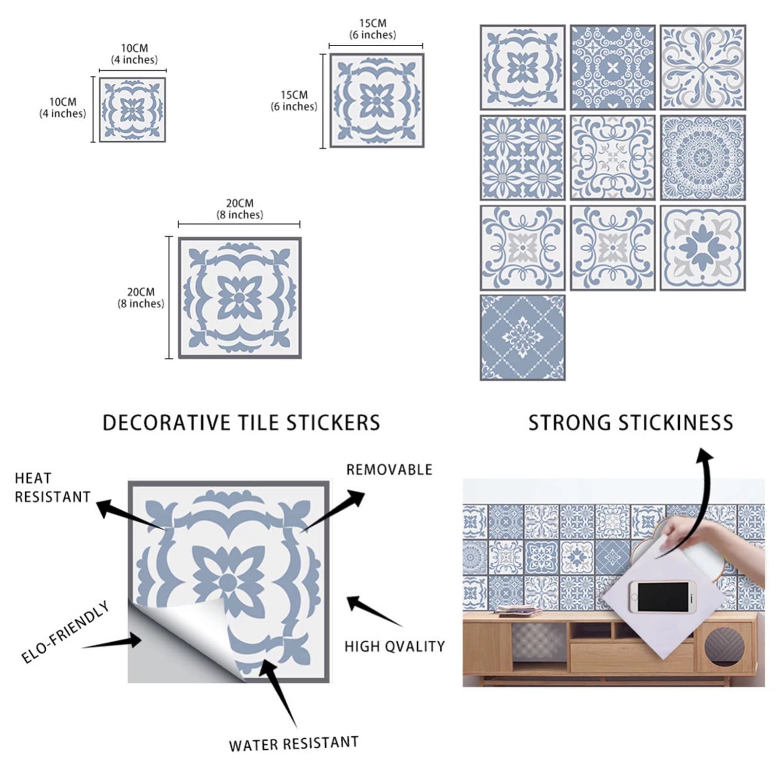 10pcs Self-Adhesive Decorative Tile Stickers,Waterproof Backsplash Stickers for Bedroom Bathroom,Stair Tile Stickers for Home Decor