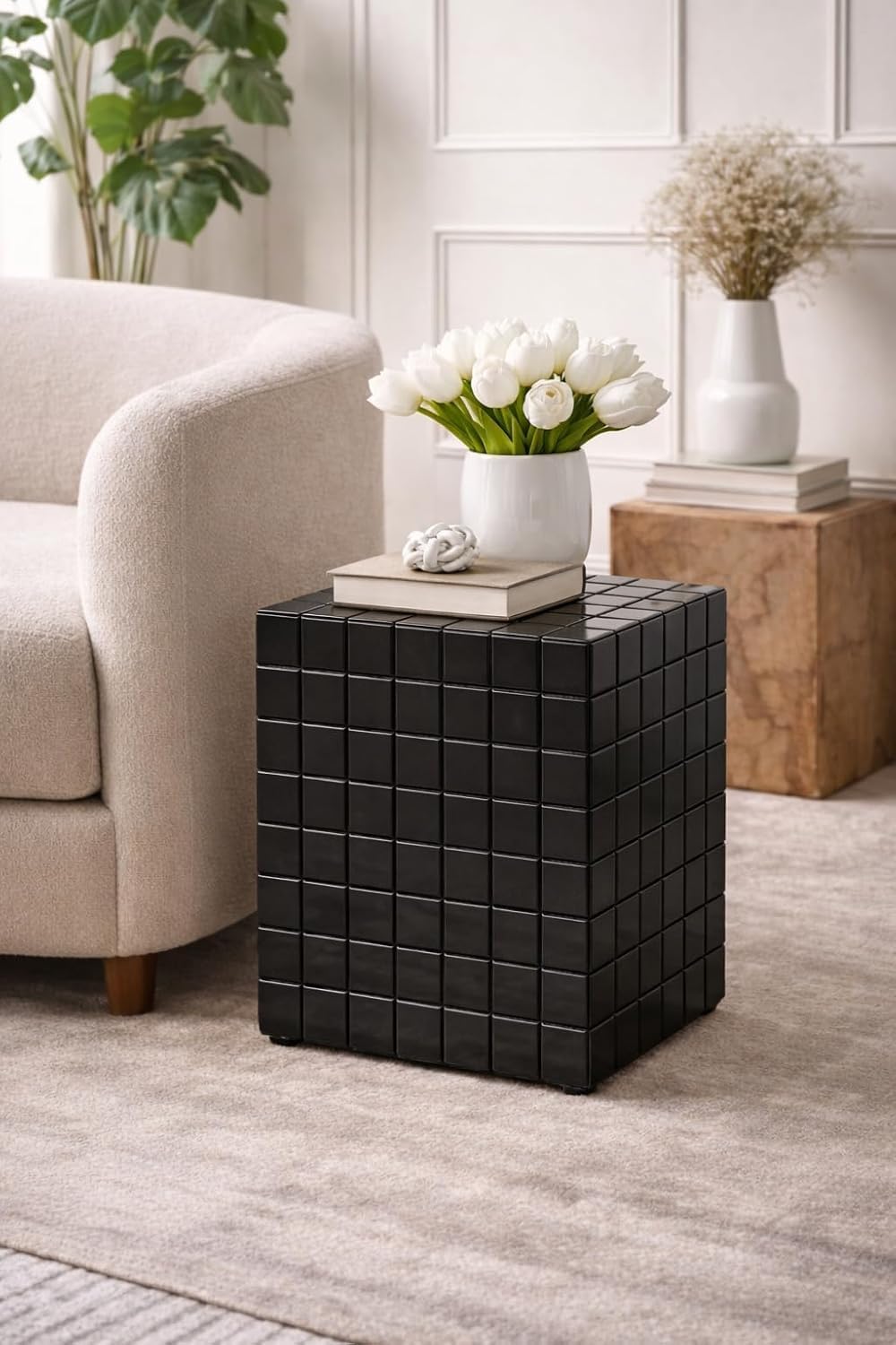 Beautiful Tiled Cube Accent Bedside Table for Decor Your Room Coffee Stand Antique Design Home Storage Organizer for Living Room Bedroom Home & Offices (Black, Engineered Wood)