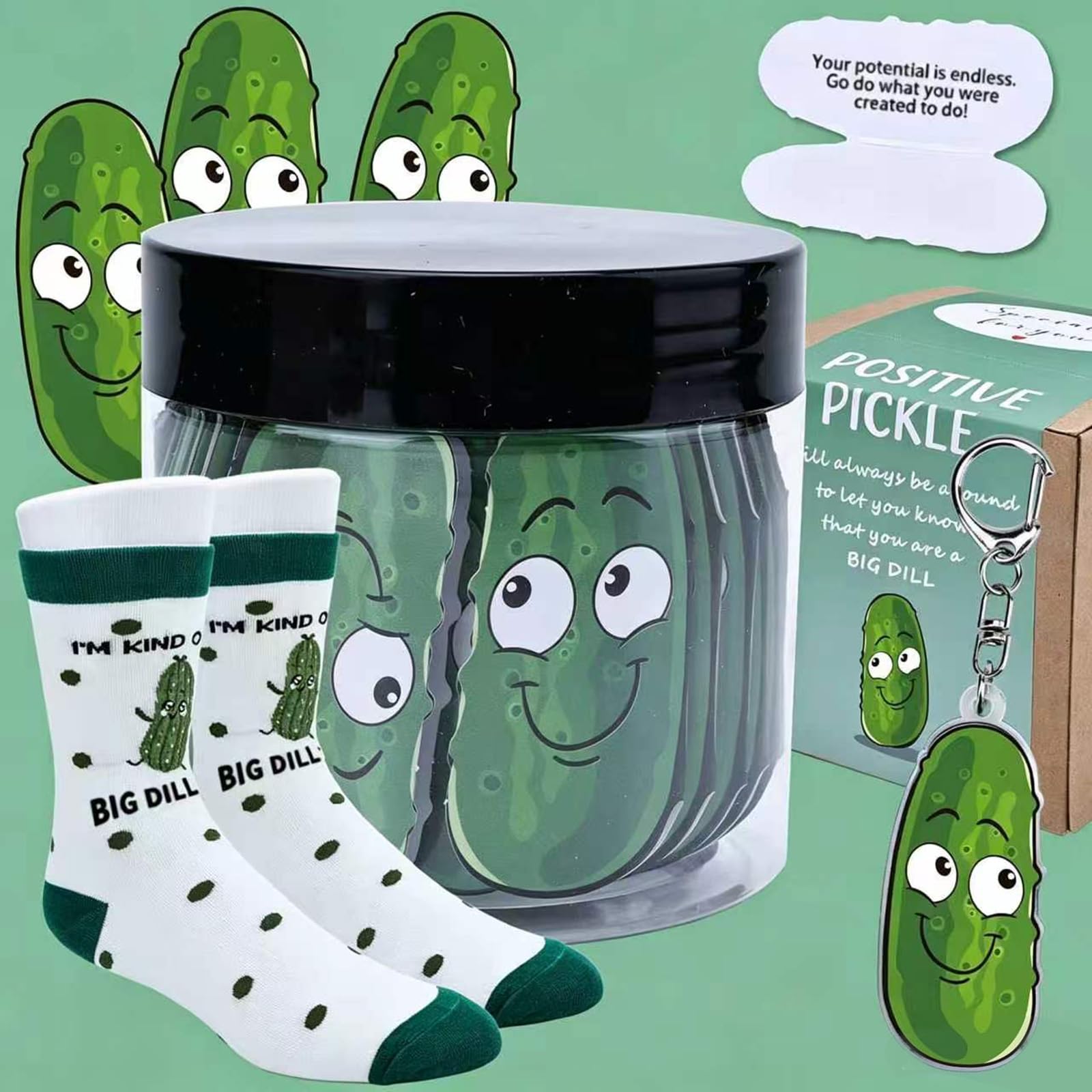 60Funny Positive Pickle Gift Affirmation Jar Pickle Socks &amp; Keychain Support Pickles Cards for Girls Boys Women Teens Mom Dad Teacher Friends Funny Birthday Gift Whit Elephant Inspirational Xmas Gifts