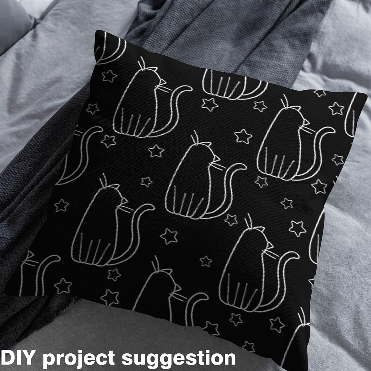Feelyou Black Cat Outdoor Fabric by The Yard, Cute Cats Kitten Upholstery Fabric for Chairs, Black White Stars Cartoon Cat Decorative Fabric for Home DIY Projects, 3 Yards