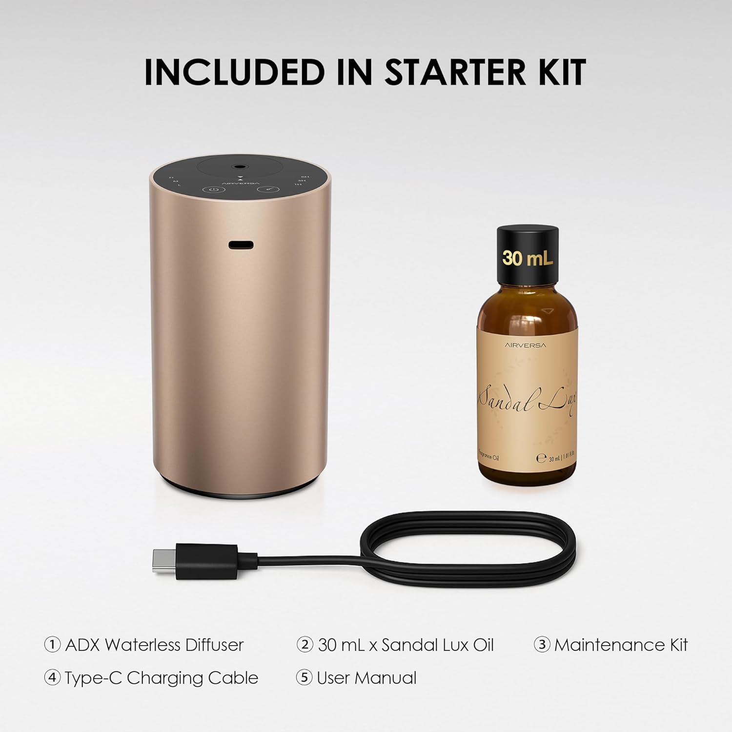 Airversa Waterless Essential Oil Diffuser Starter Kit with 30mL Sandal Lux Fragrance Oil for Car Home Office,Premium Aluminum Housing, Aroma Nebulizer Baterry Operated, ADX Kit Desert Titanium - Image 4