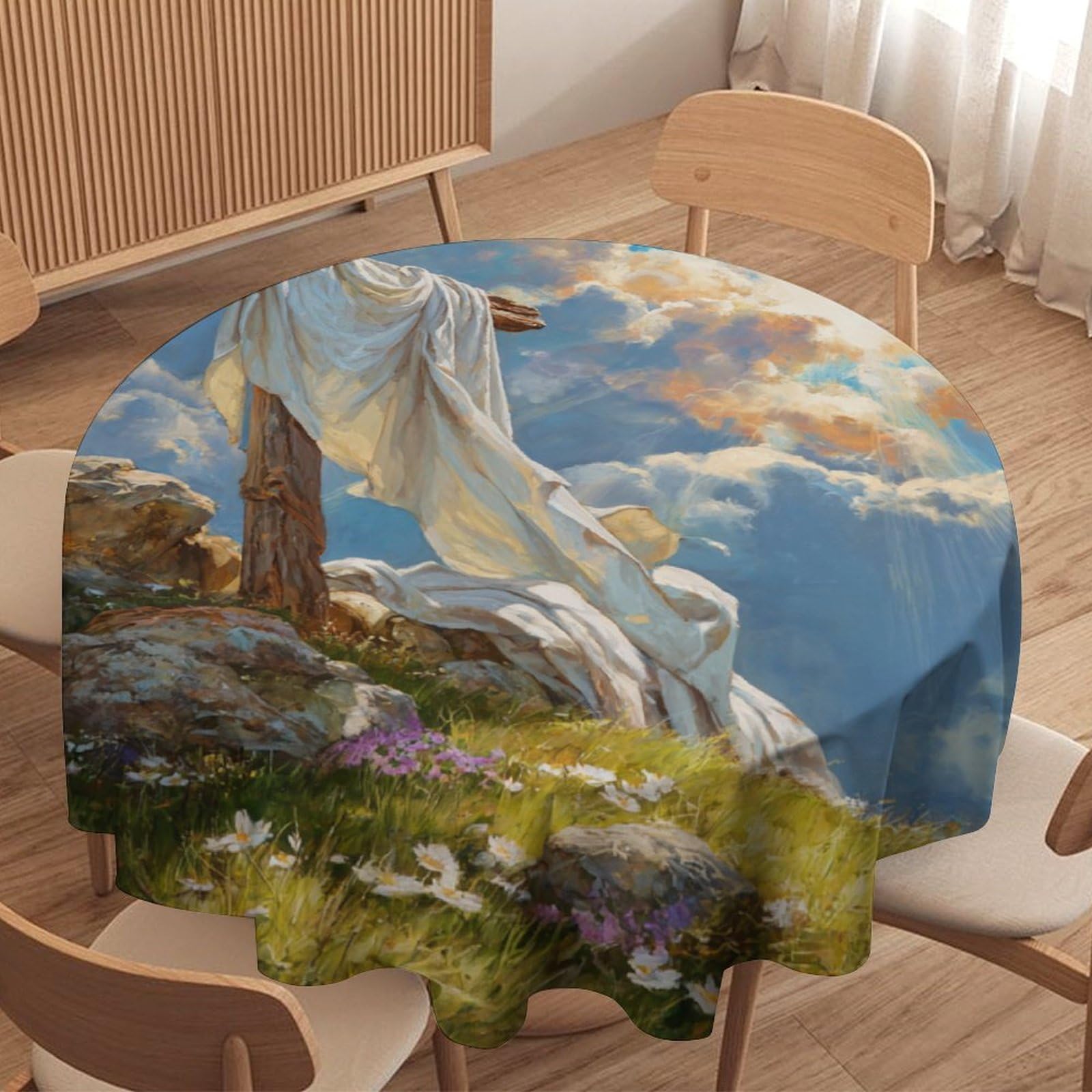LUYYSKY Beautiful Fantasy Crosses Waterproof Round Tablecloth Retro Realistic Sunrise Landscape Easter Cross Floral Pattern Washable Table Cover for Kitchen-177.8" Wx177.8 L cm