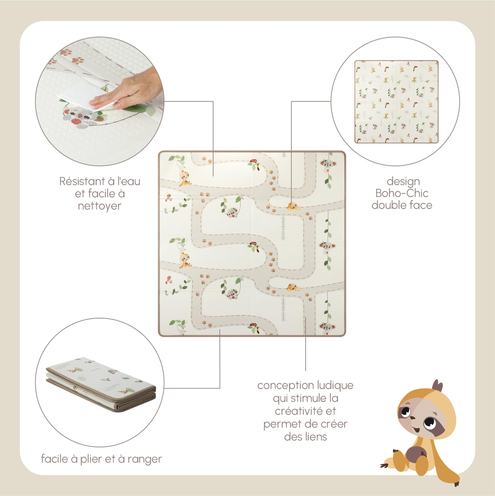 Tiny Love XL Tapis D'éveil Pliable en Mousse, Tapis D'éveil Bébé, 0+ mois, Double-face, Tapis Bébé Pliable & Léger, 150 x 150 cm, Doux & Épais (1 cm), Résistant à L'eau, Facile à Nettoyer, Boho Chic