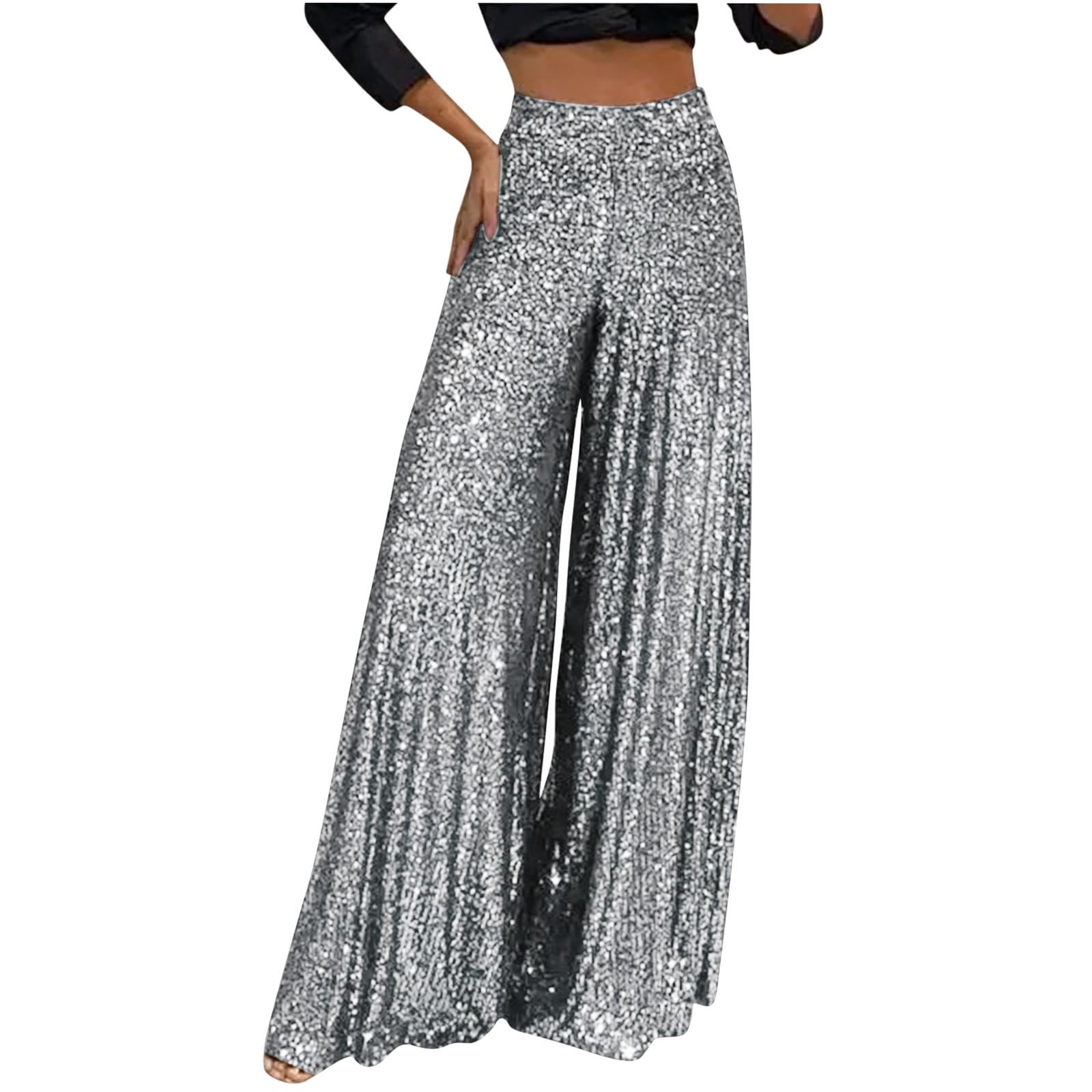 XUNRYAN Sequin Pants Womens Disco Outfits Glitter Sparkly Wide Leg Pants Flowy Boho Trousers Hippie Clothes Concert Clubwear Silver