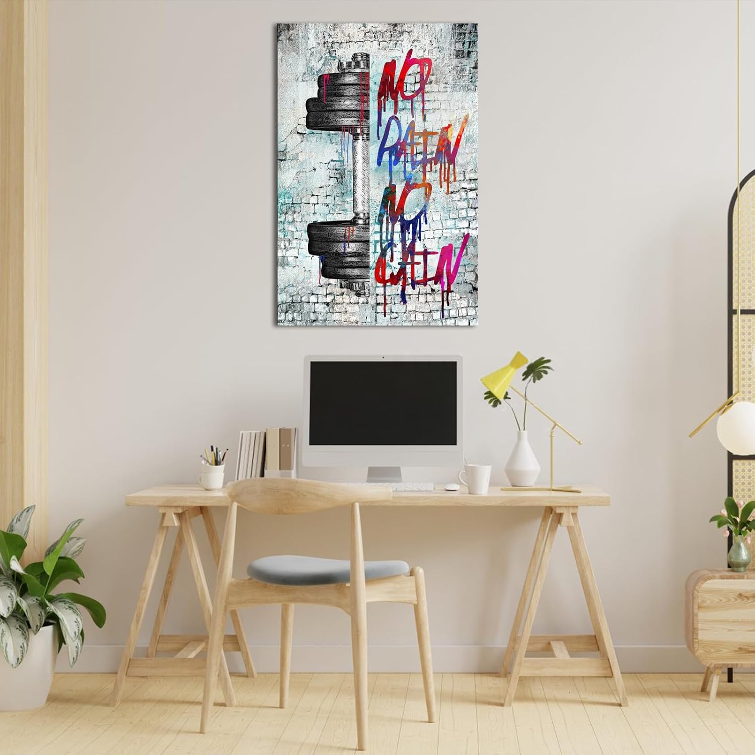 iHAPPYWALL Vintage Inspirational Fitness Quotes Wall Art No Pain No Gain Dumbbells Gym Sport Picture for Home Bodybuilding Room Bedroom Decor Ready to Hang 24x36inch (Grey) - Image 3