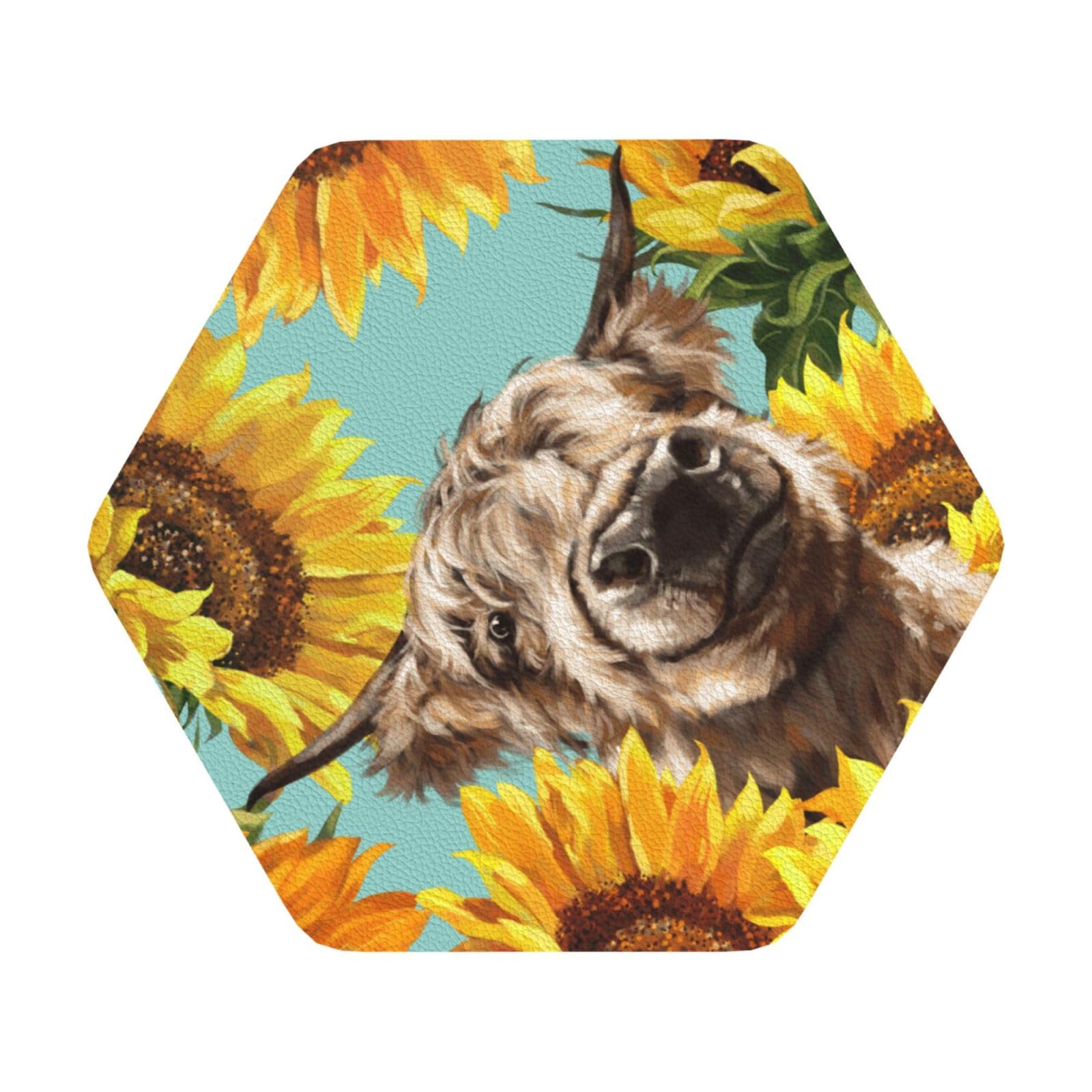 Cow with Sunflowers in Blue PU Leather Coasters Set of 6 Hexagon Drink Coasters