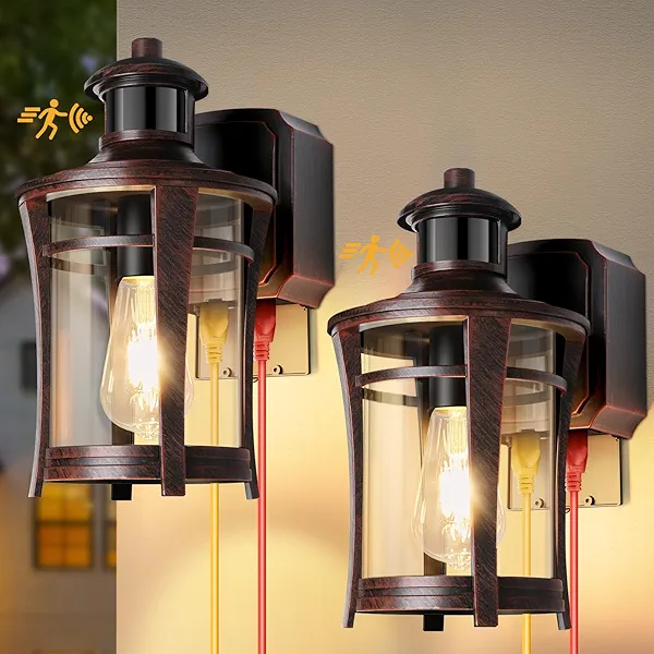 Porch Lights with Outlet, 2 Pack Outdoor Motion Sensor Lights,Dusk to Dawn Exterior Light Fixture, Anti-Rust Waterproof Outdoor Wall Light,Aluminum Outside Lights for House Patio Front Door,Gold Grim