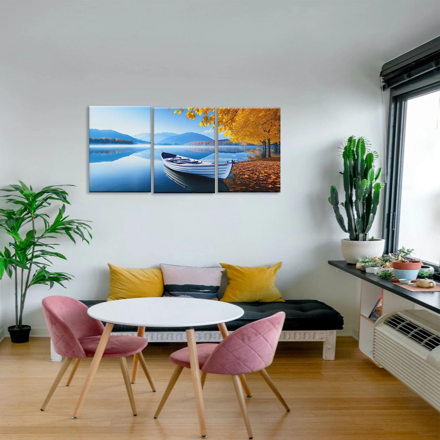 Scenery Canvas Wall Art, Mountain Lake Boat Tree Picture Painting Modern Nature Scene Poster Print for Study Dining Room Decor Set of 3(Artwork-02, 12"x16")