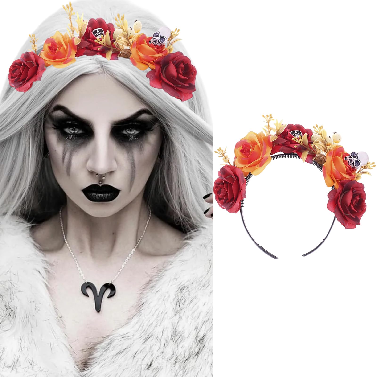 Amazon.com : Orange and Red Rose Skull Headband for Women  display picture 3