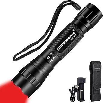 DARKBEAM Red Light Flashlight Tactical - USB Rechargeable Zoom Flood/Spot Light, Portable LED Handheld Redlight for Night Hunting, Observation, Fishing, Astronomy, Rescue