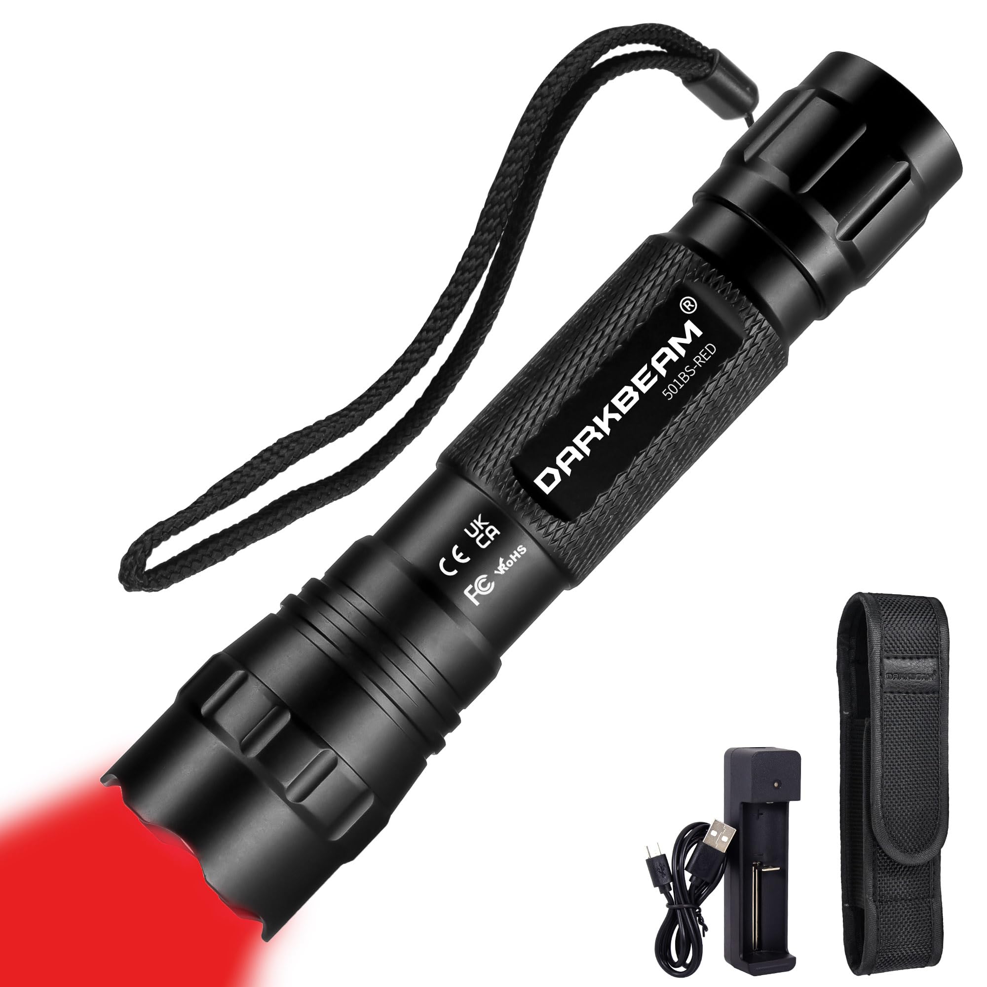 DARKBEAM Red Light Flashlight Tactical - USB Rechargeable Zoom Flood/Spot Light, Portable LED Handheld Redlight for Night Hunting, Observation,