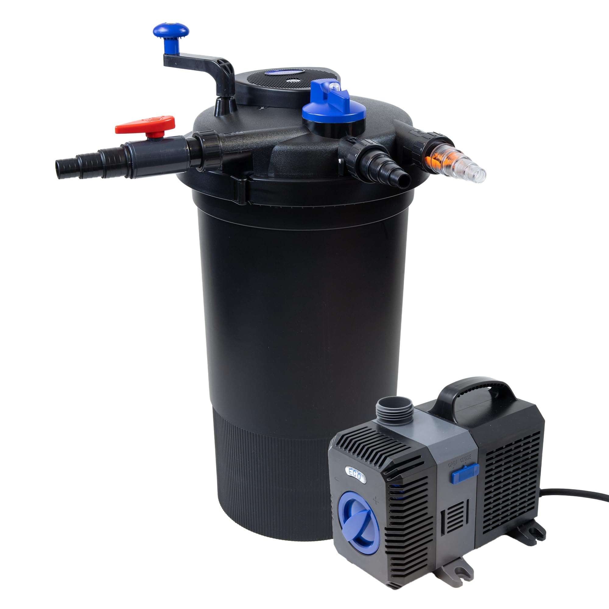 Teich Filteranlage Set 4 | Druckfilter CPF-15000 mit 18W UVC | Für Teiche bis 30.000L | Inkl. Pumpe CTP-5800 (5200L/h) & 10m Schlauch | Einfache Reinigung durch Rückspülfunktion