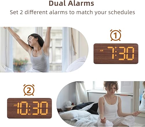Miniatura 5 de uscce Despertador digital de madera para dormitorios reloj despertador doble regulable con números grandes para mesita de noche - Alarma fuerte para