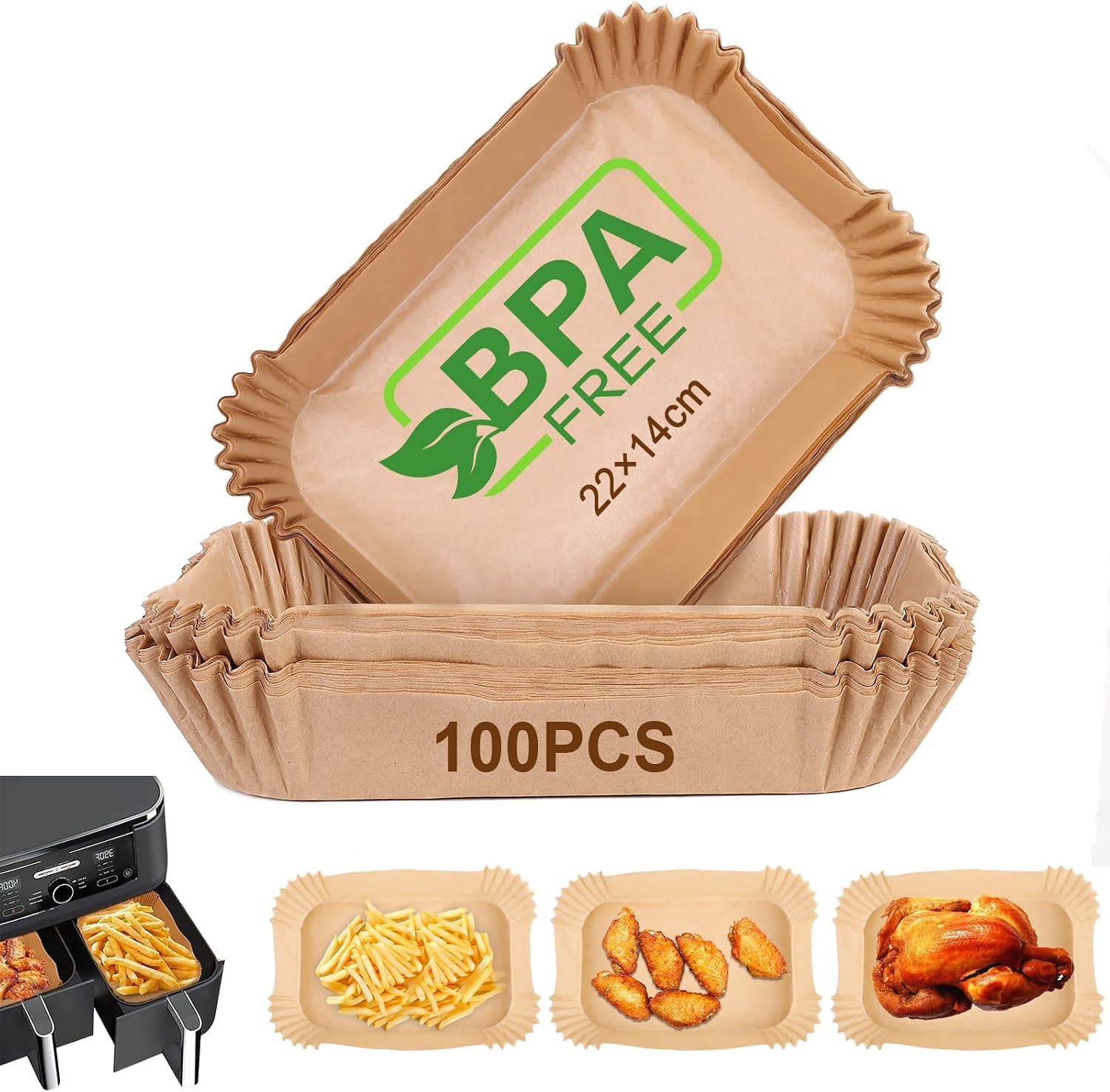 AiQInu Backpapier für Heißluftfritteuse mit Doppelkammer, 100 Stück 22x14cm Rechteckig Airfryer Backpapier Antihaft-Einweg Wasserdicht Ölfest Pergamentpapier Liner Airfryer Zubehör