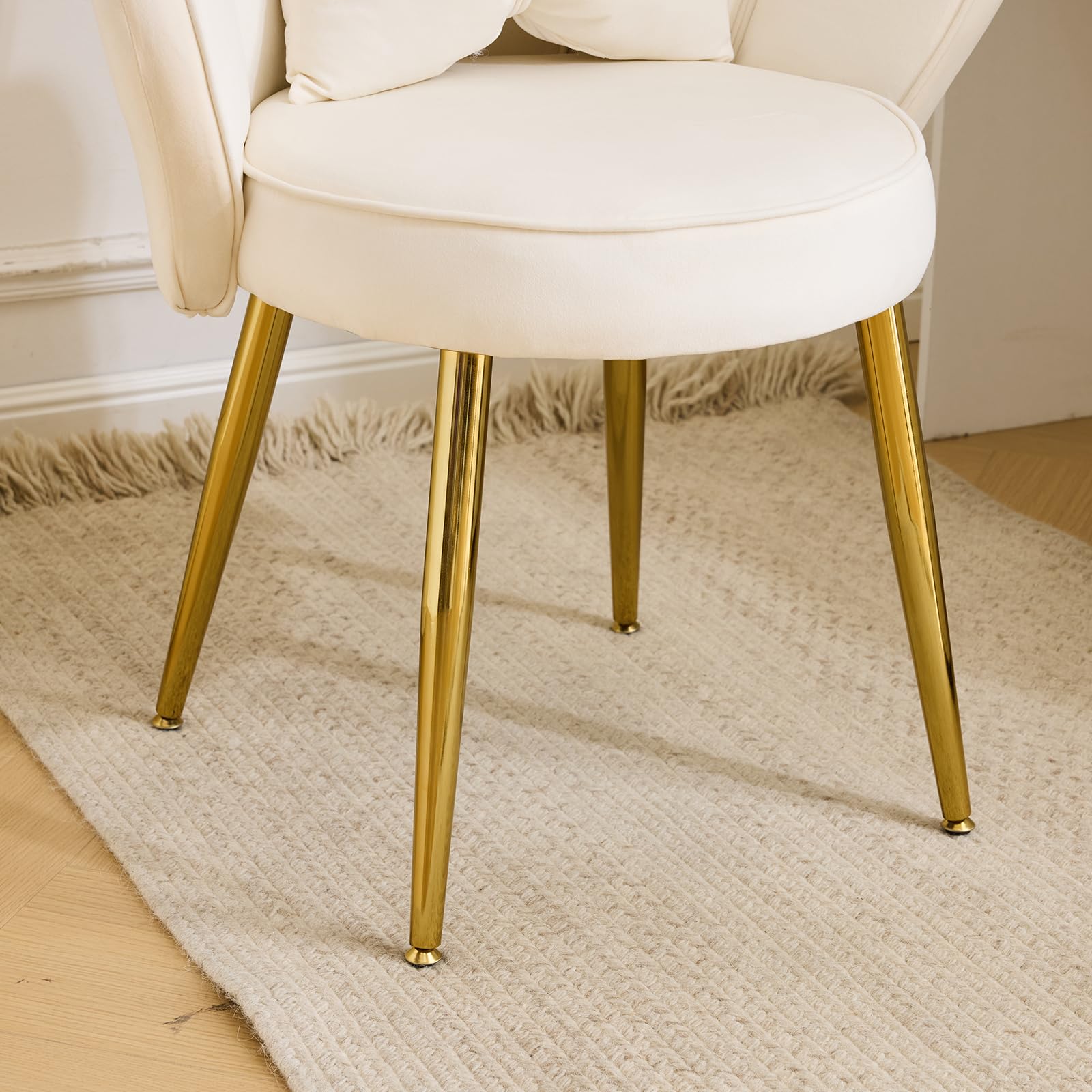 Fauteuil Salon, Chaise Coiffeuse, Dossier en Forme de Pétale, Fauteuil Chambre avec Coussin, Pieds en Métal (Blanc)