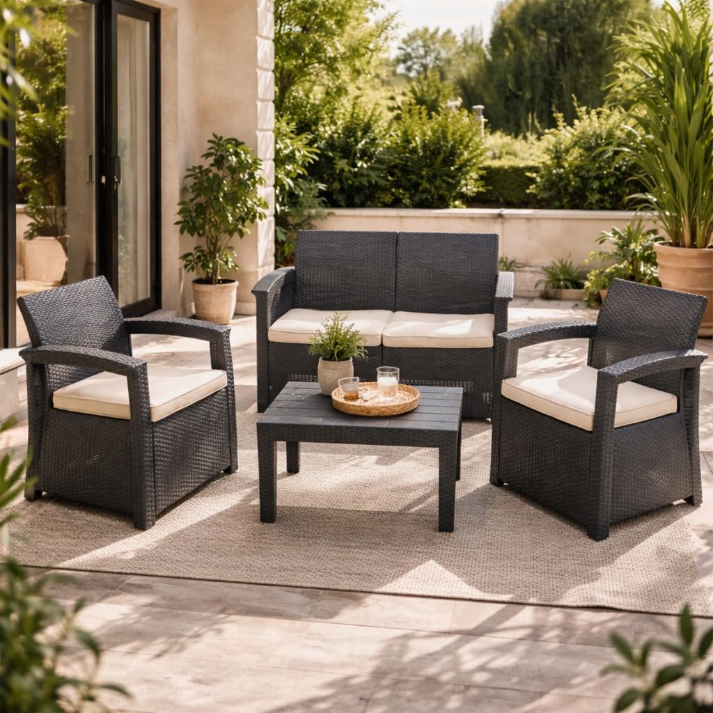 MUEBLIX.COM - Conjunto de Jardín Raeiros, Sofá de 2 Plazas más 2 Butacas y Mesa, Set de Muebles de Jardín Exterior para 4 Personas, Cojín de Tela, Polipropileno con Acabado Ratán, Gris