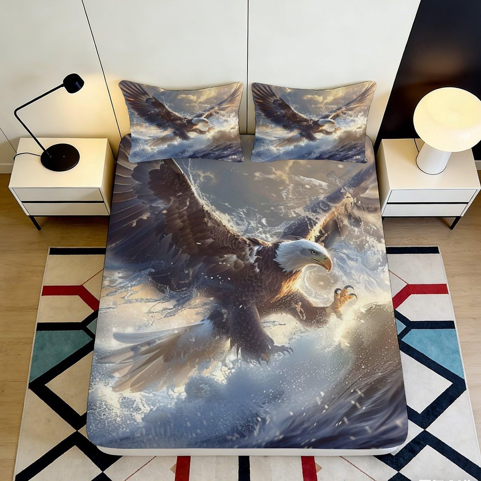 3D Printed Bald Eagle Ocean Fitted Sheet Microfiber Soft Mattress Cover for Bedroom Guest Room Dorm Decor 200x200x25cm