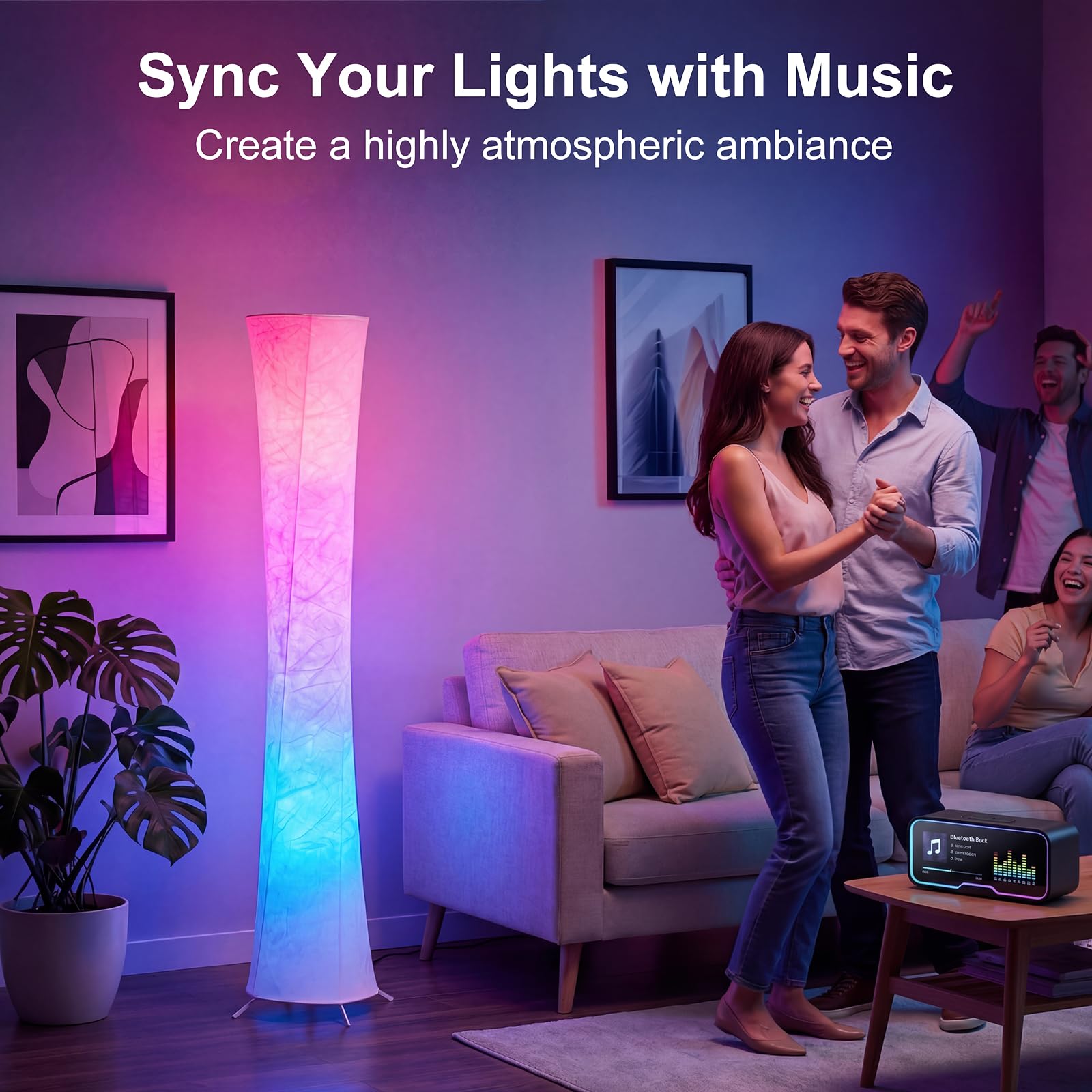 Okrągła lampa podłogowa, narożna lampa podłogowa RGB LED z synchronizacją muzyki, 16 W + kolorami i 3 temperaturami barwowymi, aplikacja i pilot zdalnego sterowania, nowoczesna lampa
