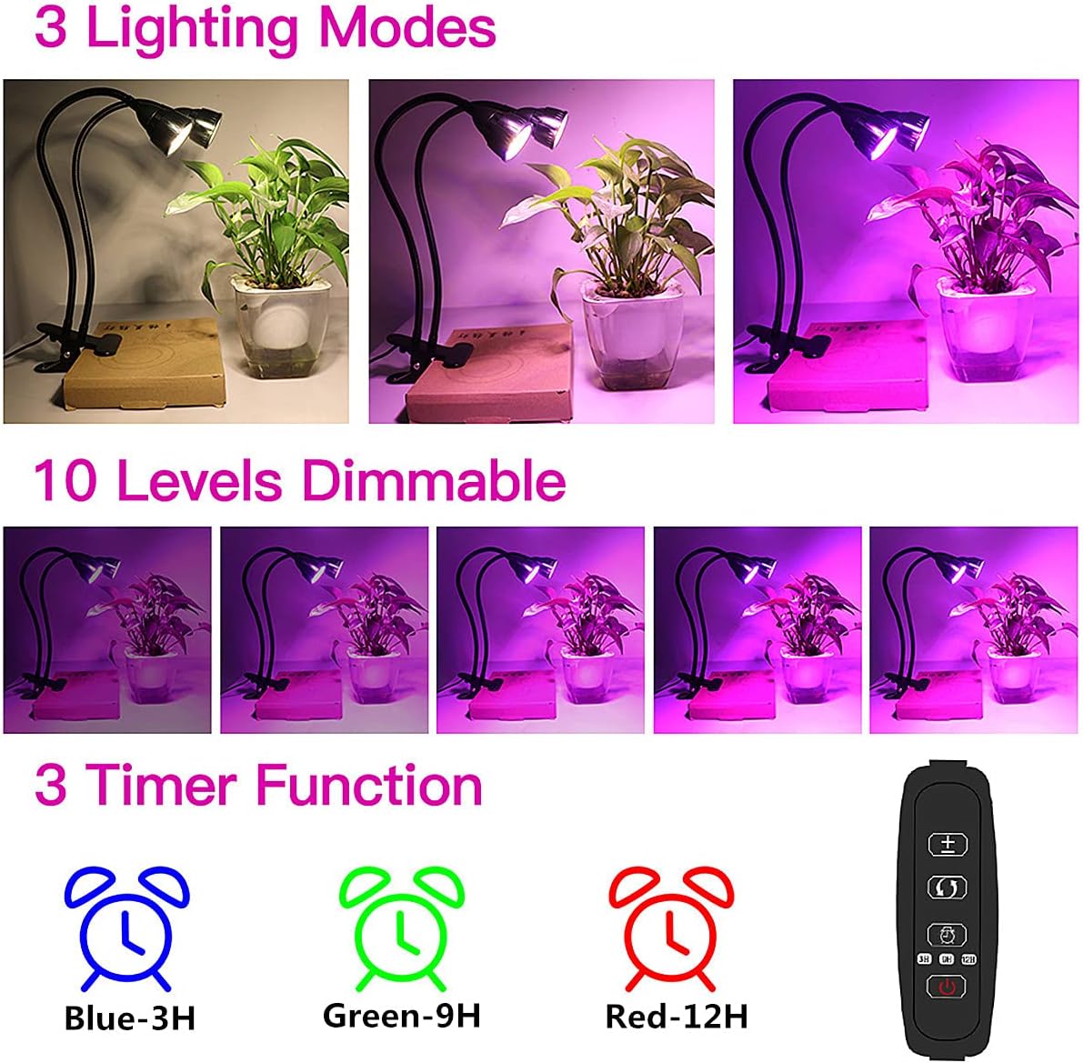 Grow Light for Indoor Plants Growing, Juhefa Gooseneck Clip-on Plant Lamp for Seedlings Succulents Seed Starting,3 Modes & 10-Level Brightness with Timer 3 9 12 Hrs