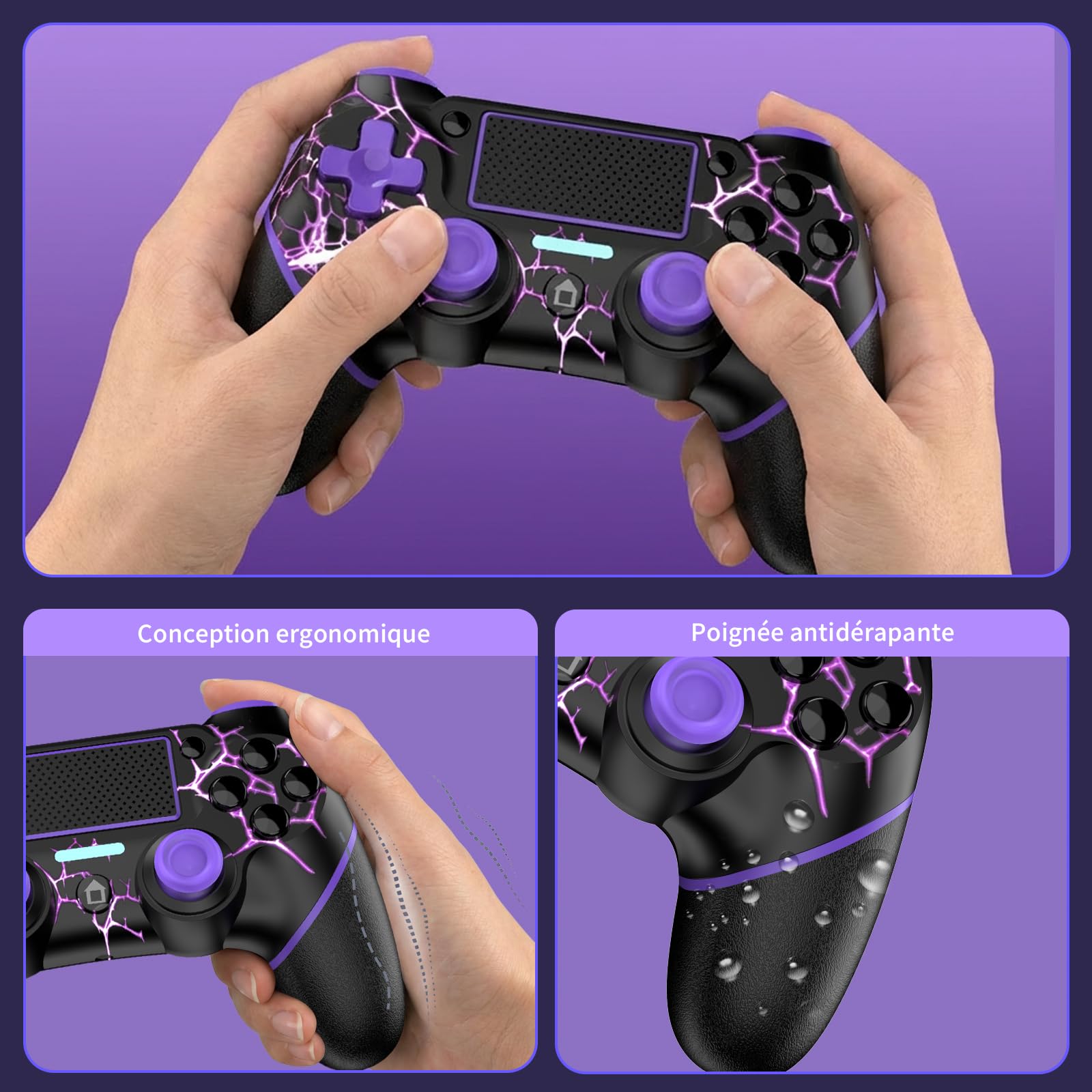 Reddening pour Manette PS4, Manette Pc pour PS4/Pro/Slim/PC, Joystick avec Bouton Turbo/Retour, Double Vibration, Gyroscope 6 axes et écran tactile, Purple