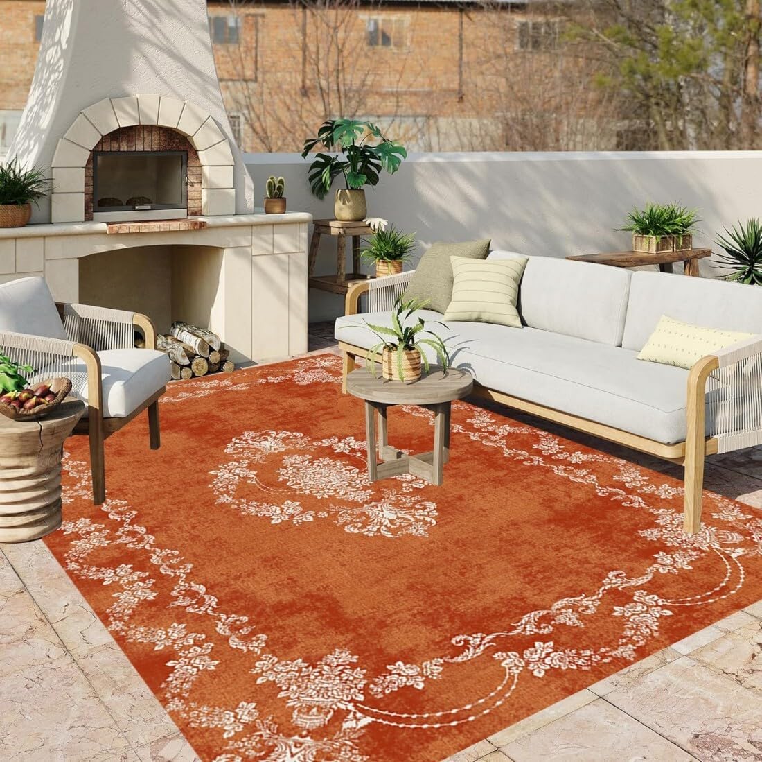 Distressed Burnt Orange Beige Thin Waterproof Outdoor Rugs for Patios Deck Pool Camping Garden Veranda Porch Verandah Vintage Floral Texture Non Shedding Washable Foldable Quick Dry Carpets 6x9