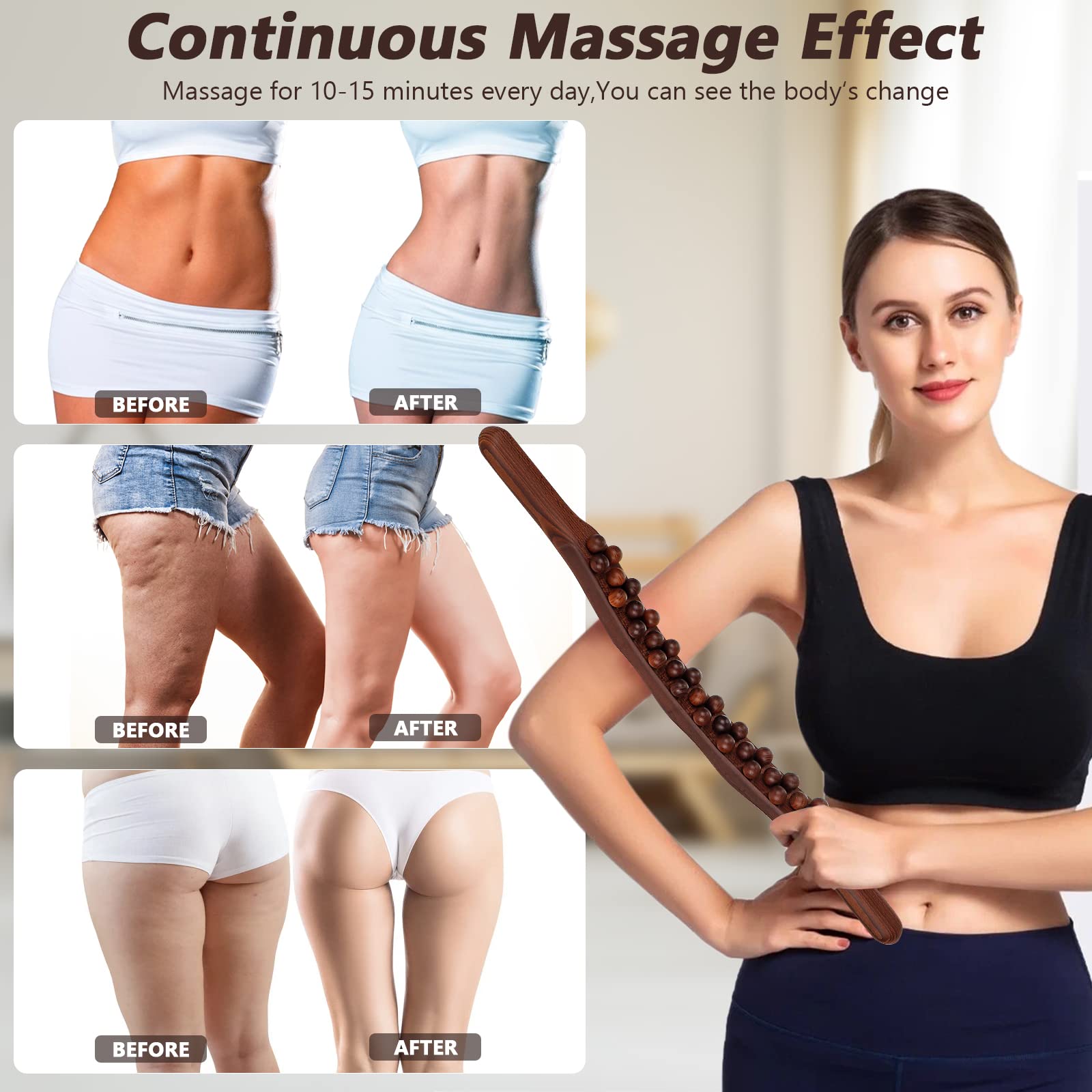Guasha - Herramientas de madera para masaje de terapia de madera, herramientas de masaje para dar forma al cuerpo, rodillo de masaje de espalda de 31 cuentas, masajeador de drenaje linfático para dar