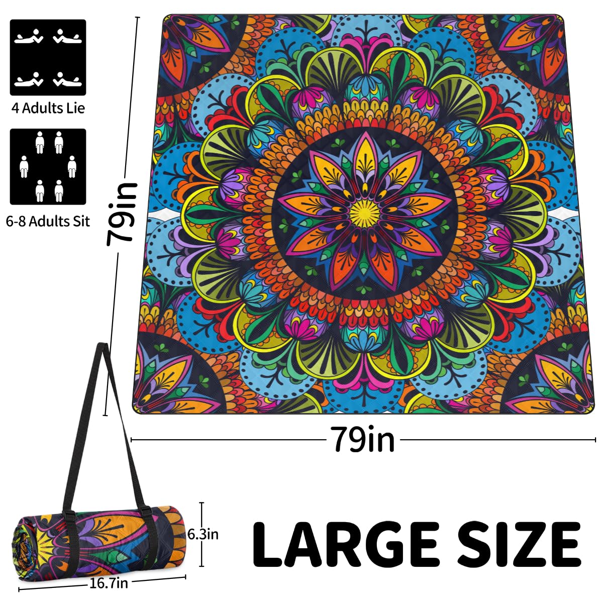 Shimoshe Extra Large Picnic Blankets 79”x 79”, Indian Tribe Mandala Waterproof Foldable Picnic Mat with Straps Portable Beach Blanket for Camping Park Grass Beach Indoor