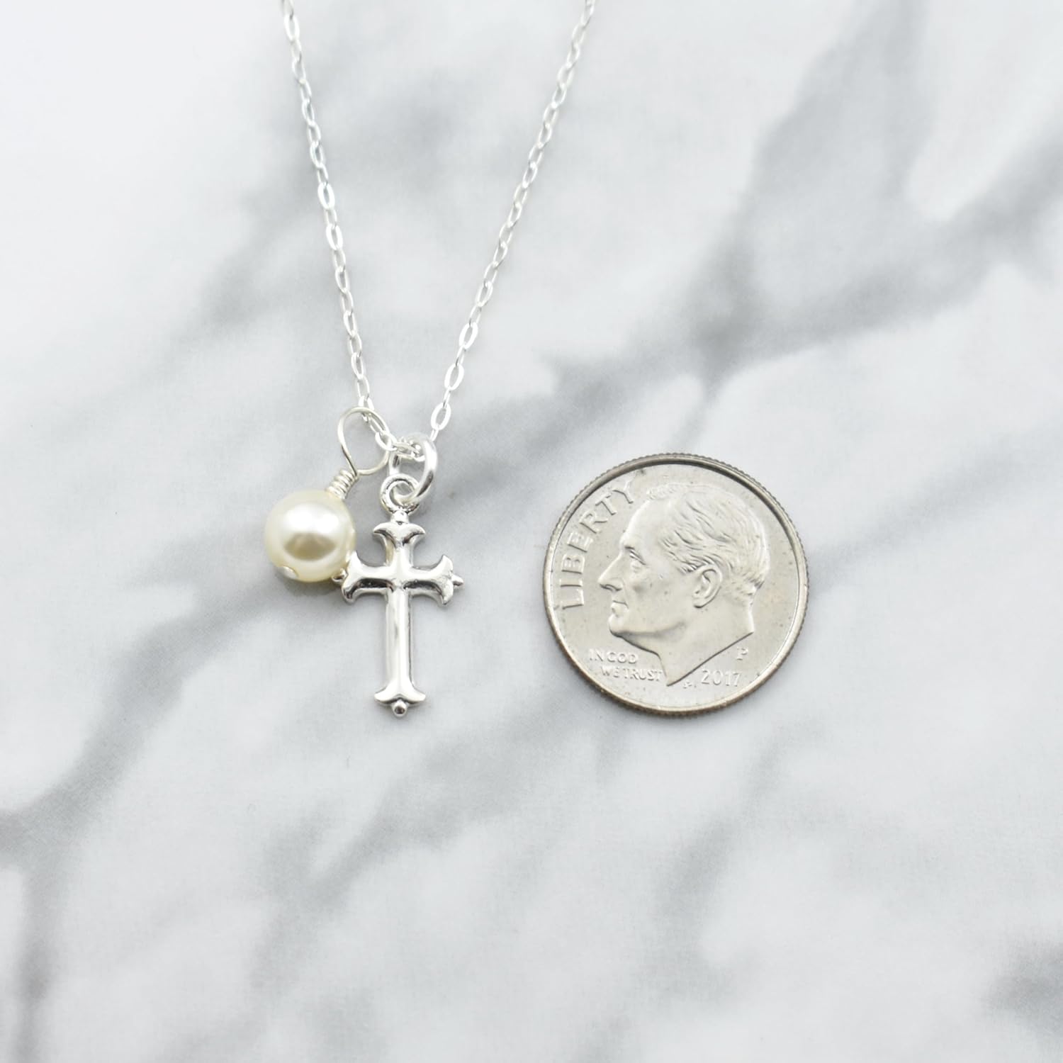 Sterling Silver Cross Necklace with 6mm Pearl | 14" Chain | Godchild Baptism Cross | Delicate Christian Jewelry for First Communion and Christening | Gift for Goddaughter - Image 2