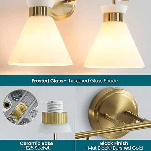 Miniatura 3 de WOSHITU Lámparas de baño doradas accesorios de iluminación modernos para tocador de baño, 2 luces para baño, apliques de luz de tocador de mediados