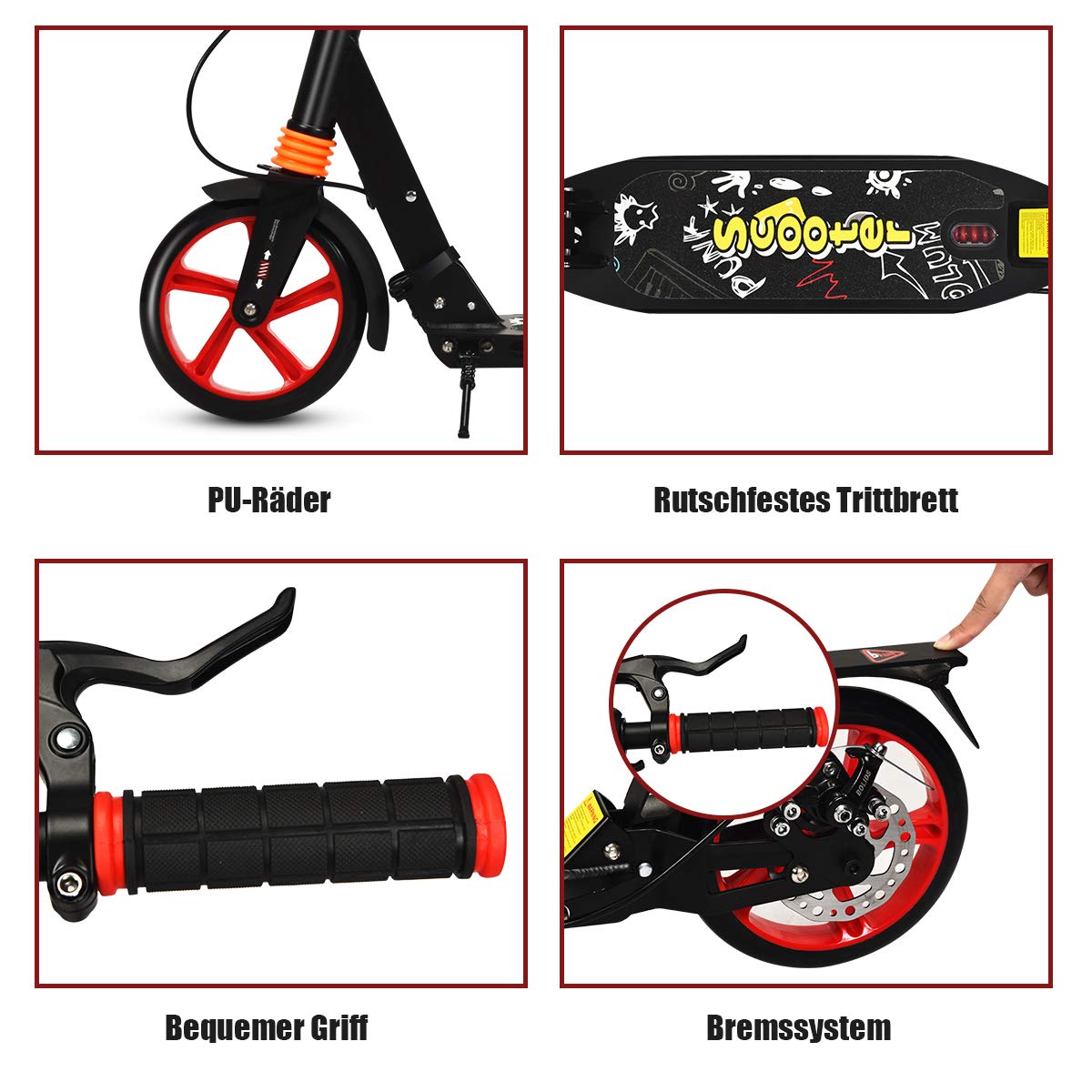 RELAX4LIFE Scooter Plegable con Altura Regulable, Patinete de Aluminio con Timbre, 2 Frenos y Doble Suspensión para Niños y Adultos 120-190 cm, Carga 100KG, Negro