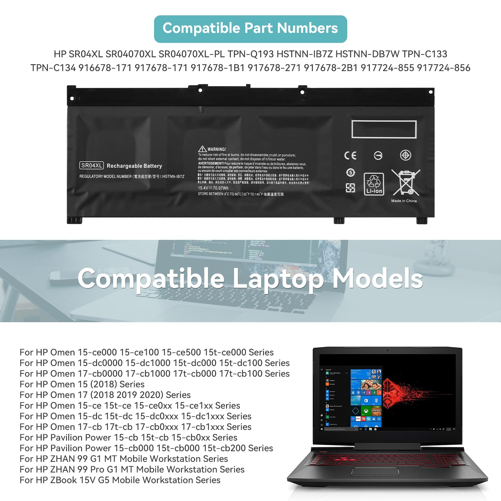 SR04XL Batterie pour HP Omen 15-ce0xx 15-dc0xxx 15-dc1xxx 17-cb0xxx Pavilion 15-cb0xx ZBook 15v G5 15-ce021ng 15-ce003nl 15-ce010nl 15-ce005ns 15-ce033ns 15-dc1109nf 917724-855 917678-2B1 HSTNN-DB7W